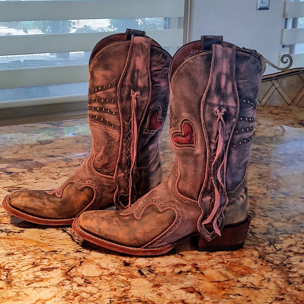 Dan Post Distressed Brown Leather Studded Western Heeled Boots - Picture 2 of 14